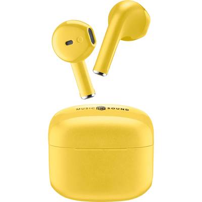 Auricolari wireless gialli con custodia di ricarica e testo "MUSIC SOUND" sulla custodia.
