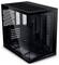 Un case per computer nero con un pannello laterale trasparente che mostra un interno vuoto per l'installazione dell'hardware, con multiple sezioni di ventilazione.