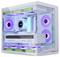 Un PC personalizzato con illuminazione RGB, con un case bianco e componenti visibili tra cui ventole di raffreddamento, scheda grafica e pannello di visualizzazione.
