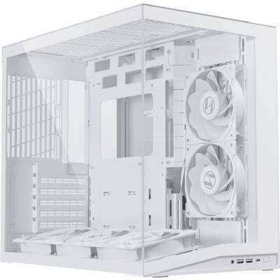 Un case per computer bianco con pannello laterale trasparente, che mostra gli slot interni per i componenti, tre ventole e varie porte di connettività.