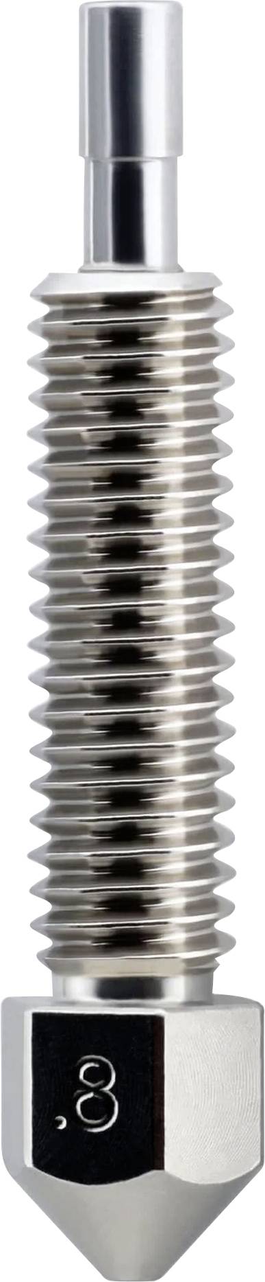 Un ugello per stampante 3D metallico con corpo filettato e punta affusolata, contrassegnato con '.8' sul lato.