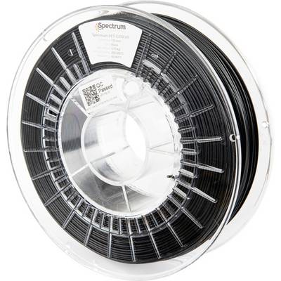 Un rocchetto di filamento nero per stampante 3D etichettato 'Spectrum PET-G FR V0'; include specifiche del prodotto e un codice QR sull'etichetta.