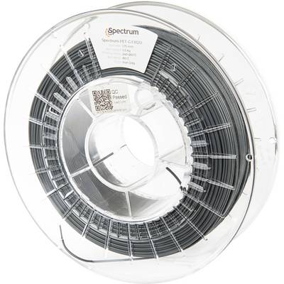 Un rocchetto di filamento per stampante 3D Spectrum PET-G FX20, etichettato 'Grigio Ferro', con impostazioni di temperatura e codice QR visibili.