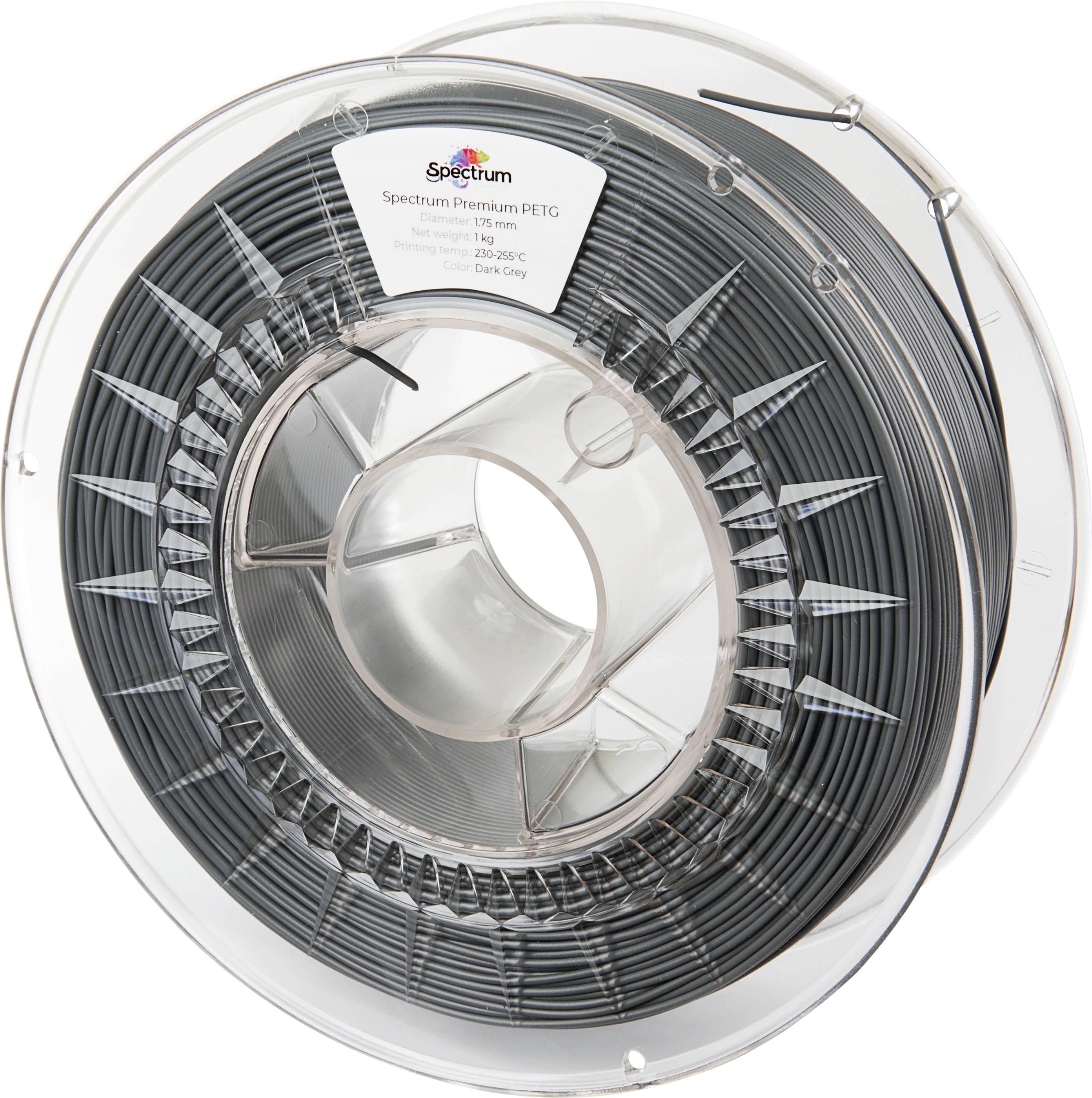 Un rocchetto trasparente di filamento per stampa 3D etichettato 'Spectrum Premium PETG', intervallo di temperatura 230°C-250°C, colore: grigio scuro.
