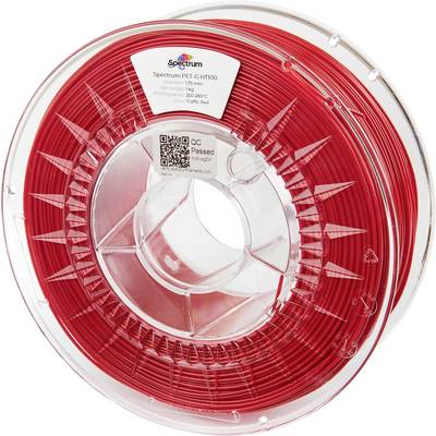 Un rocchetto di filamento rosso per stampante 3D etichettato 'Spectrum PET-G HT100'. L'etichetta indica che ha un diametro di 1,75 mm e pesa 1 kg.