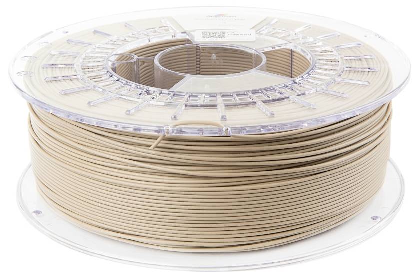 Un rocchetto di filamento per stampante 3D color marrone chiaro, avvolto ordinatamente, idoneo all'utilizzo con una stampante 3D per la creazione di diversi oggetti.