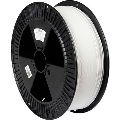 Un rocchetto di filamento di plastica bianco utilizzato per la stampa 3D, con bordi neri ed un'etichetta sul lato che mostra i dettagli del marchio.