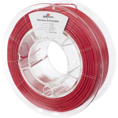 Un rocchetto di filamento rosso Spectrum S-FLEX 85A per stampa 3D, etichettato con specifiche come diametro, peso netto e impostazioni di temperatura.