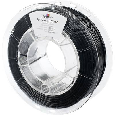 Un rocchetto di filamento nero per stampa 3D etichettato 'Spectrum S-FLEX 85A', che indica un diametro di 1,75 mm, idoneo per temperature comprese tra 200-230°C.