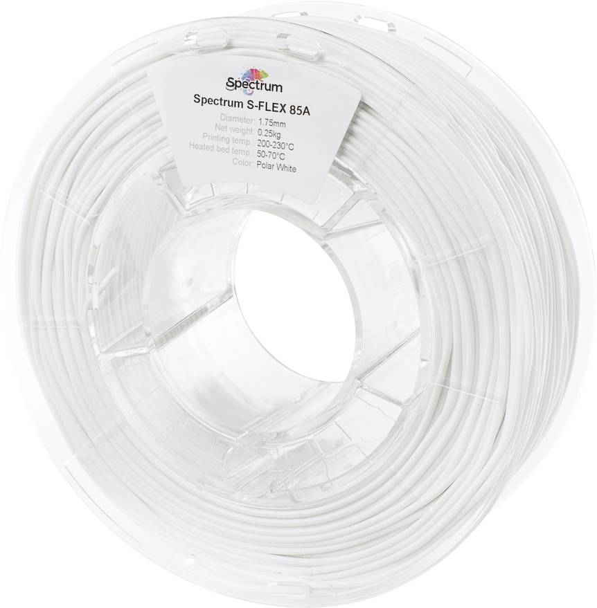 Un rocchetto trasparente di filamento per stampa 3D bianco etichettato 'Spectrum S-FLEX 85A'. Diametro: 1,75 mm, peso netto: 0,5 kg, temperatura di stampa: 220-250°C.