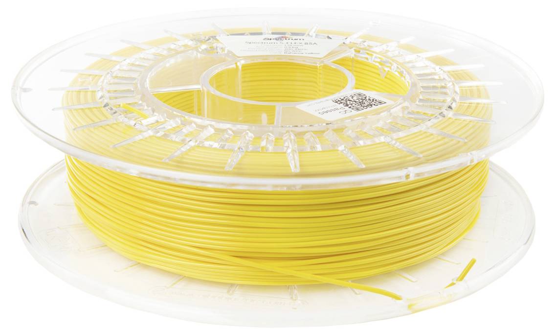 Un rocchetto di filamento per stampa 3D giallo con un involucro in plastica trasparente, che mostra una bobina duratura, accuratamente avvolta e pronta all'uso.