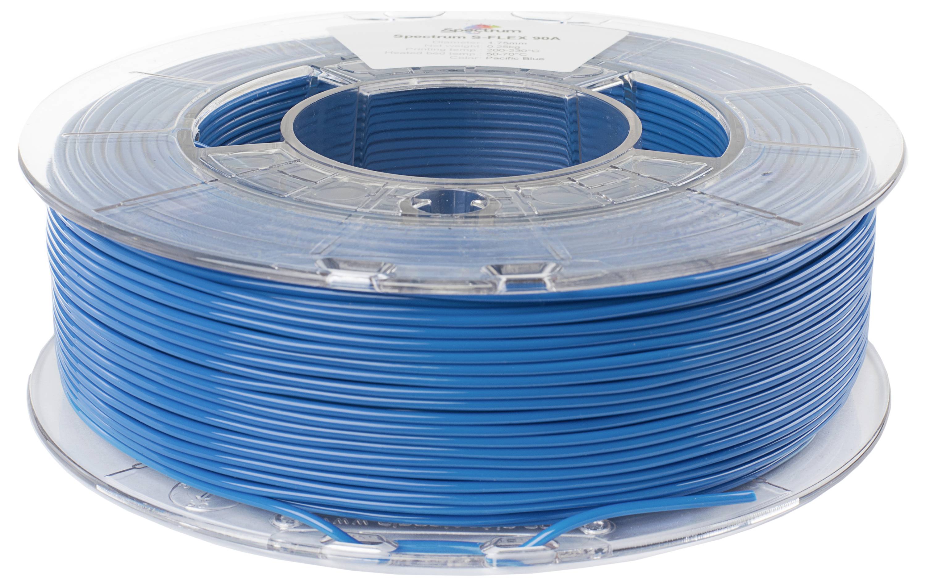 Un rocchetto di filamento blu per stampante 3D, arrotolato ordinatamente su un supporto trasparente in plastica, visto di lato, pronto per l'uso nella stampa 3D.