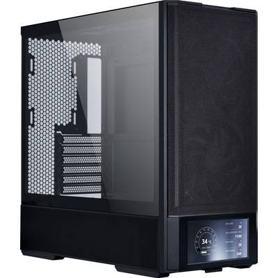 Una torre per computer elegante e nera con un pannello laterale trasparente che mostra lo spazio interno, dotata di un display LED frontale che mostra temperatura e numero di giri dei ventilatori.