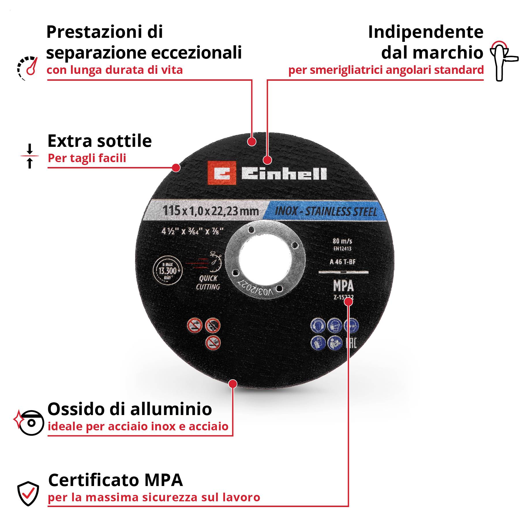 Disco abrasivo nero in metallo per smerigliatrici angolari commerciali, extra sottile per un taglio leggero, in ossido di alluminio, certificato MPA.