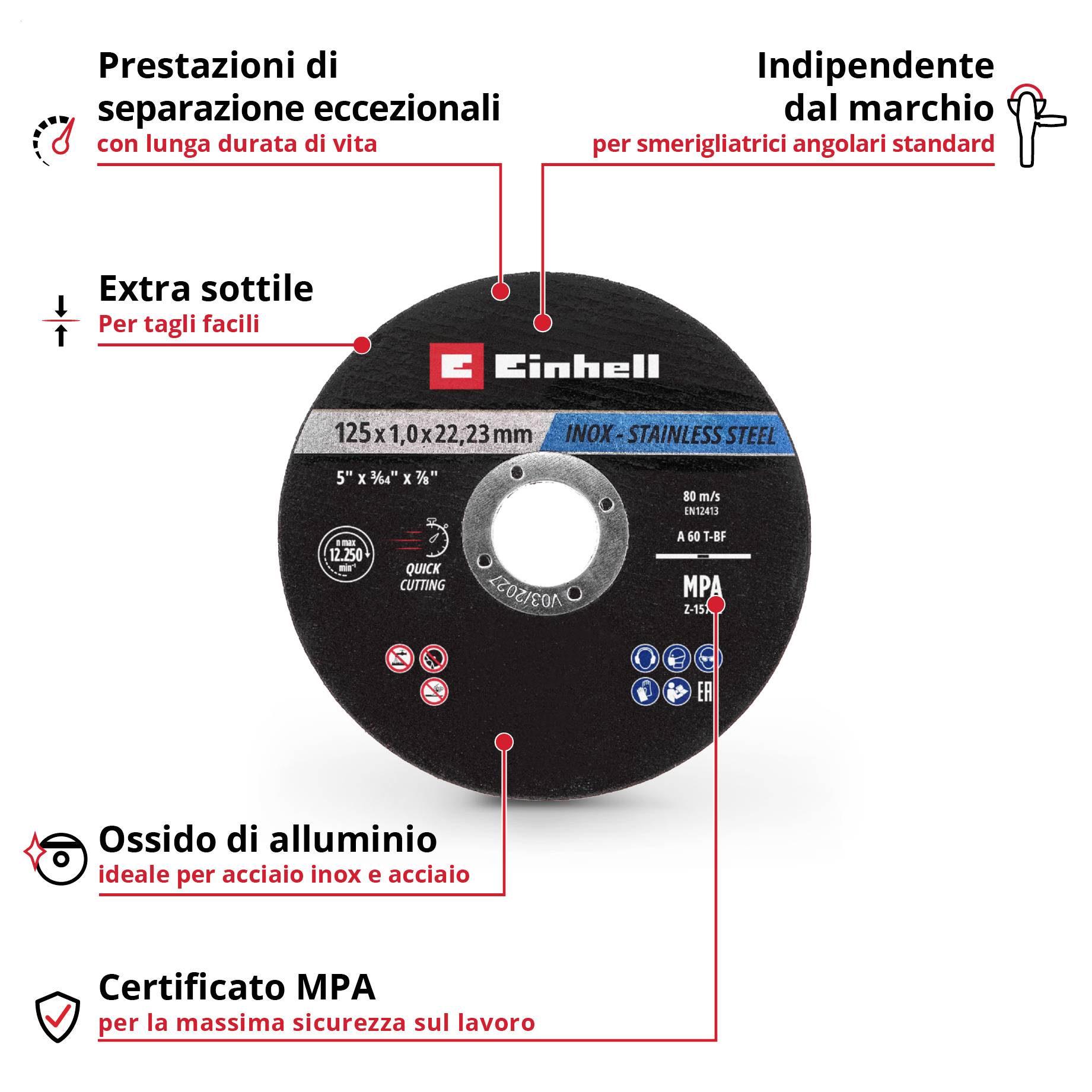 Disco abrasivo con logo Einhell, diametro 125 mm x 1,0 mm, per acciaio inossidabile e acciaio. Caratteristiche: extra sottile, durevole, certificato MPA.