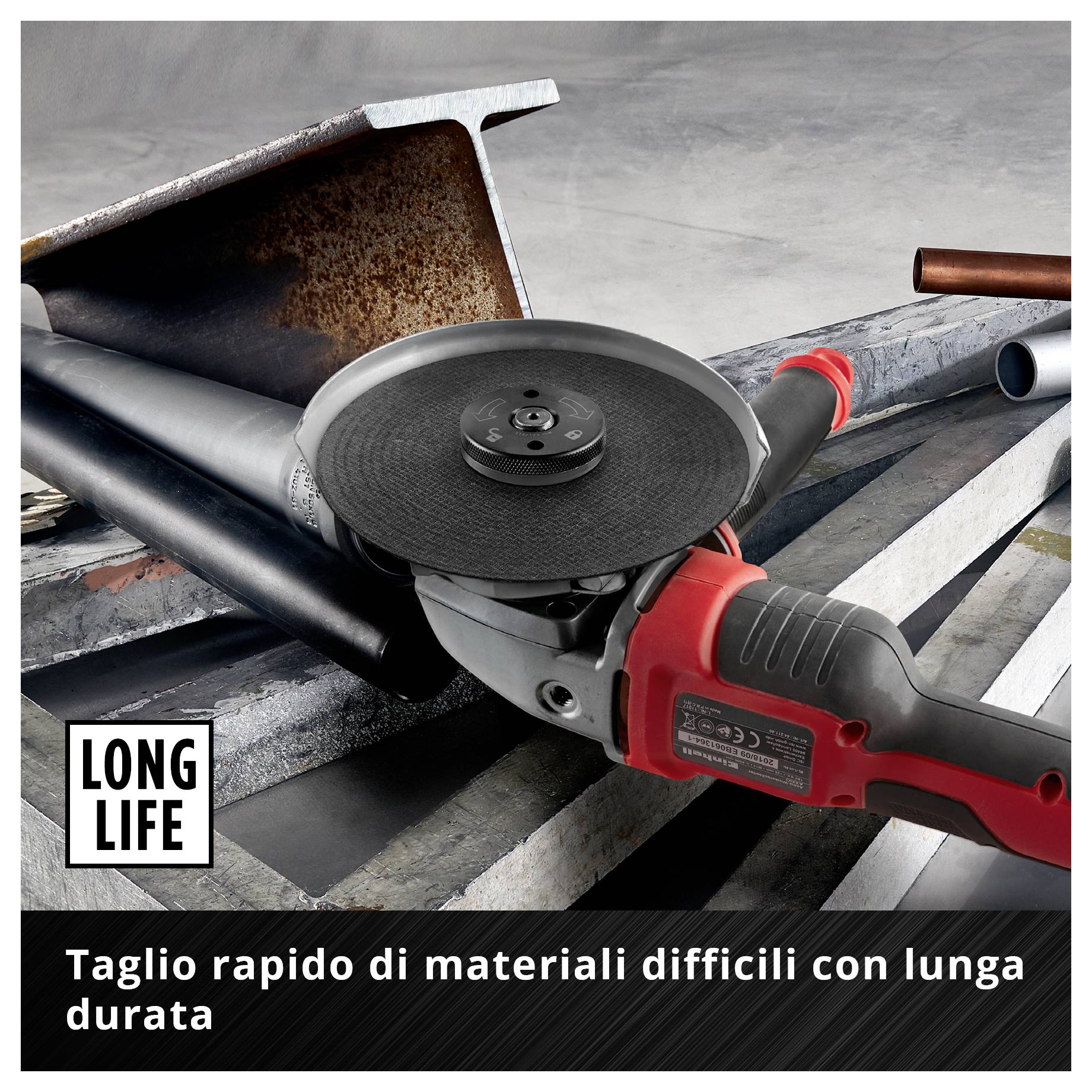Disco di taglio Einhell, 125x1,0x22,23 mm per acciaio inossidabile, 80 m/s, max 12.200 RPM, icone di sicurezza indicate, il diagramma mostra le dimensioni.