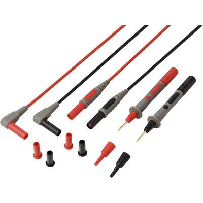 Un set di puntali e connettori per multimetro rossi e neri, compresi i puntali con punte inclinate e diritte, utilizzati per test elettrici.