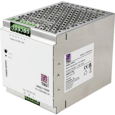 Unità di alimentazione in metallo industriale con morsettiere verdi ed etichetta, per convertire l'ingresso da 100-240 VAC a un'uscita di 24 VDC.