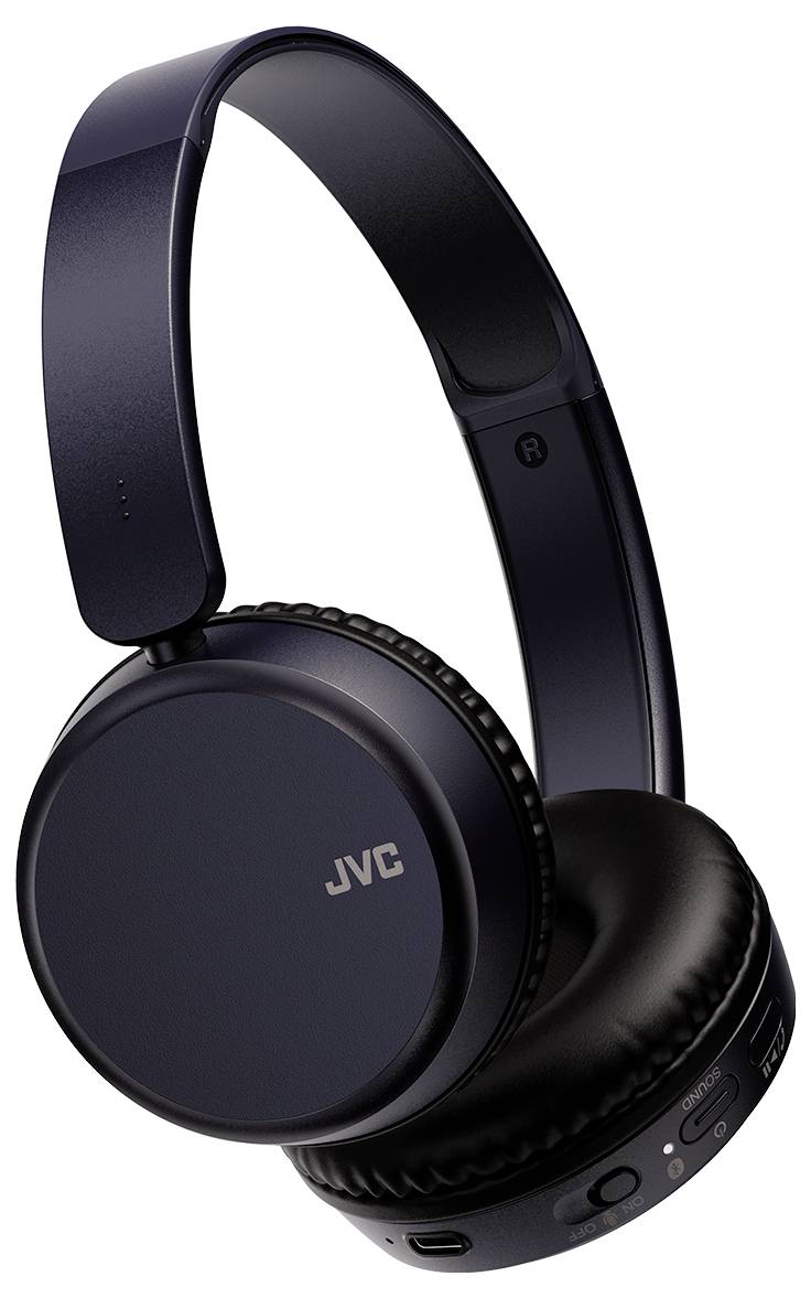 Cuffie wireless JVC in nero con padiglioni imbottiti e archetto regolabile. Il logo JVC è visibile sul lato.