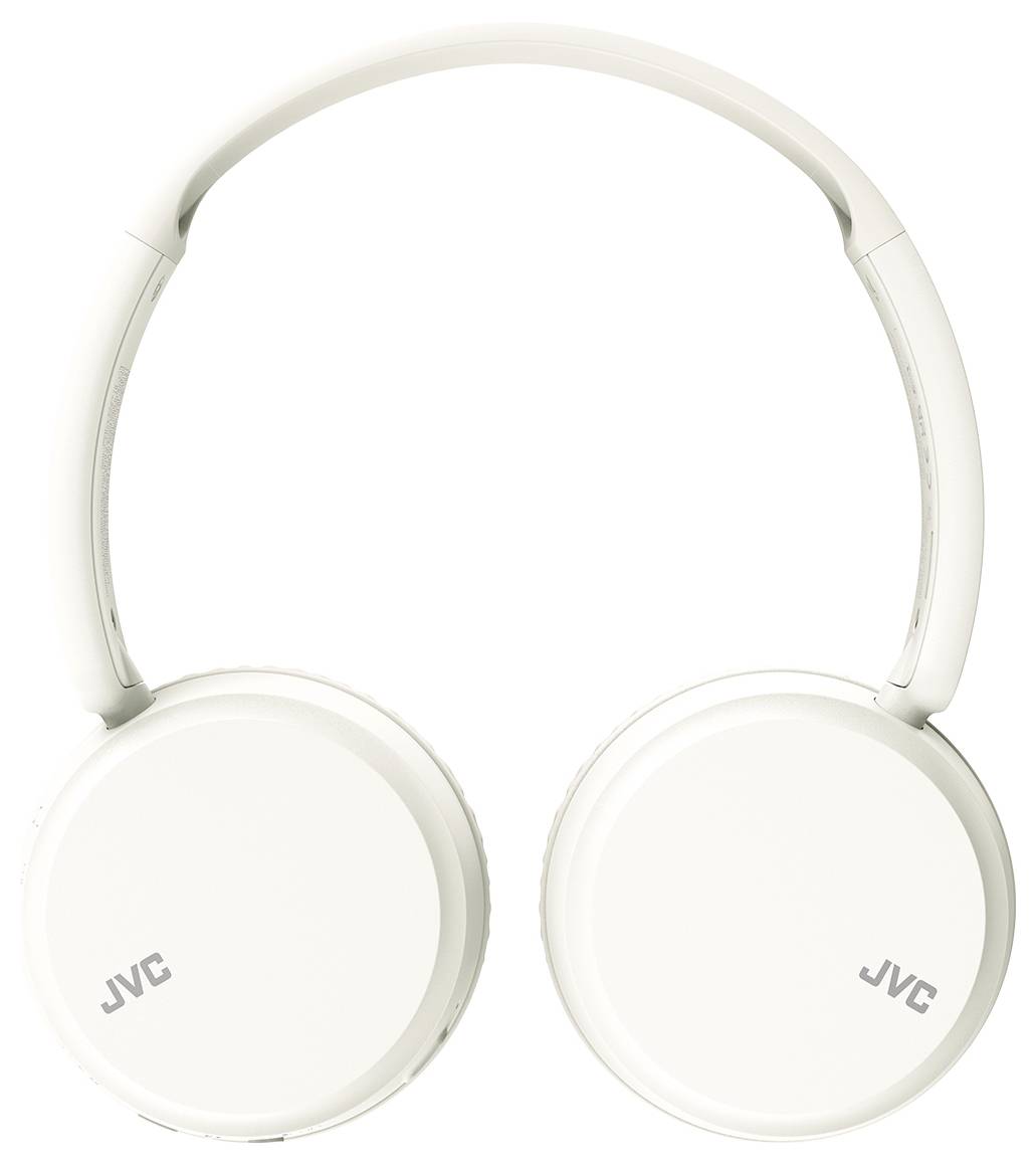 Cuffie over-ear bianche con logo 'JVC' su ciascun padiglione auricolare, che presentano un design semplice ed elegante.