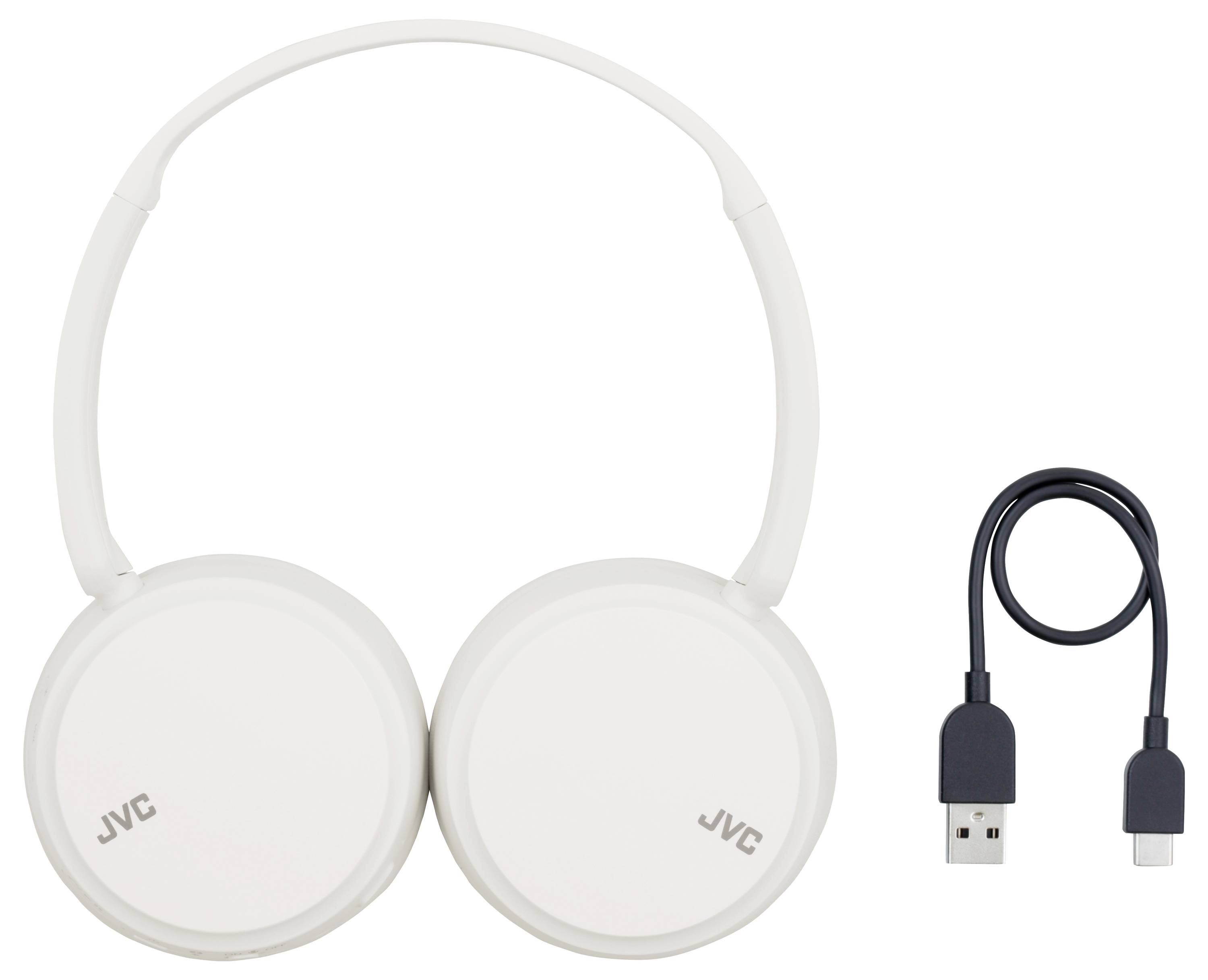 Cuffie wireless in bianco, con etichetta 'JVC', affiancate da un breve cavo di ricarica USB.