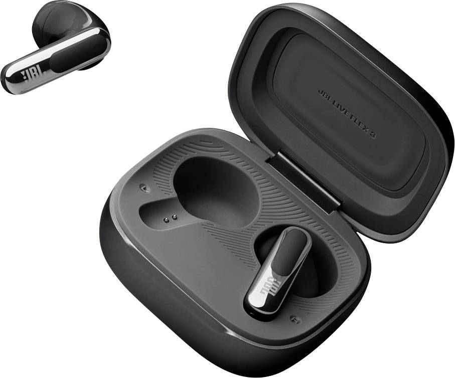 Auricolari wireless neri con logo 'JBL' mostrati all'interno di un custodia di ricarica aperta. Un auricolare è visualizzato separatamente sopra la custodia.