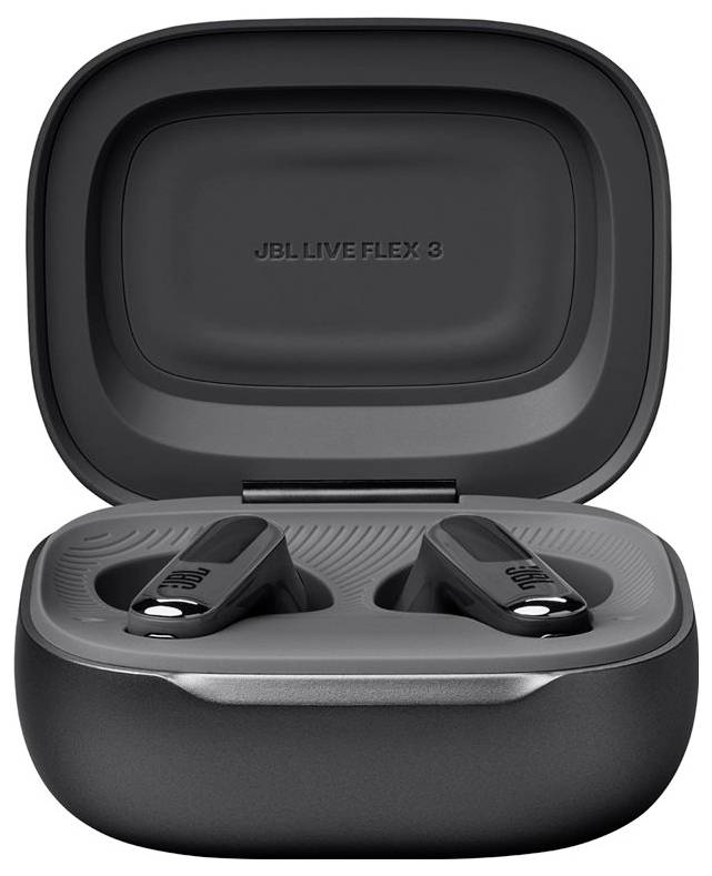 Auricolari wireless in un custodia di ricarica nera, con inciso 'JBL Live Flex 3' sul coperchio della custodia.