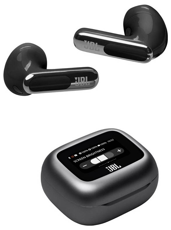 Auricolari wireless neri con comandi touch, abbinati a un pratico case di ricarica dotato di display che mostra lo stato della batteria e la luminosità dello schermo.