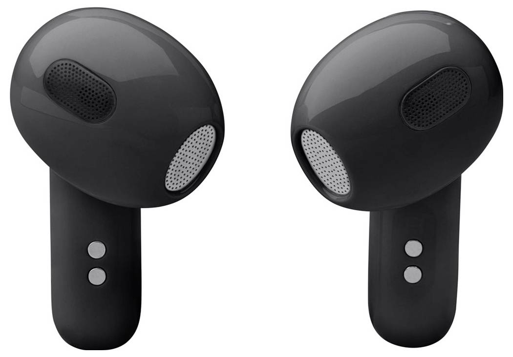 Due auricolari wireless neri, ciascuno con altoparlanti a maglia e due piccoli pulsanti sugli steli, sono rivolti in direzioni leggermente diverse.