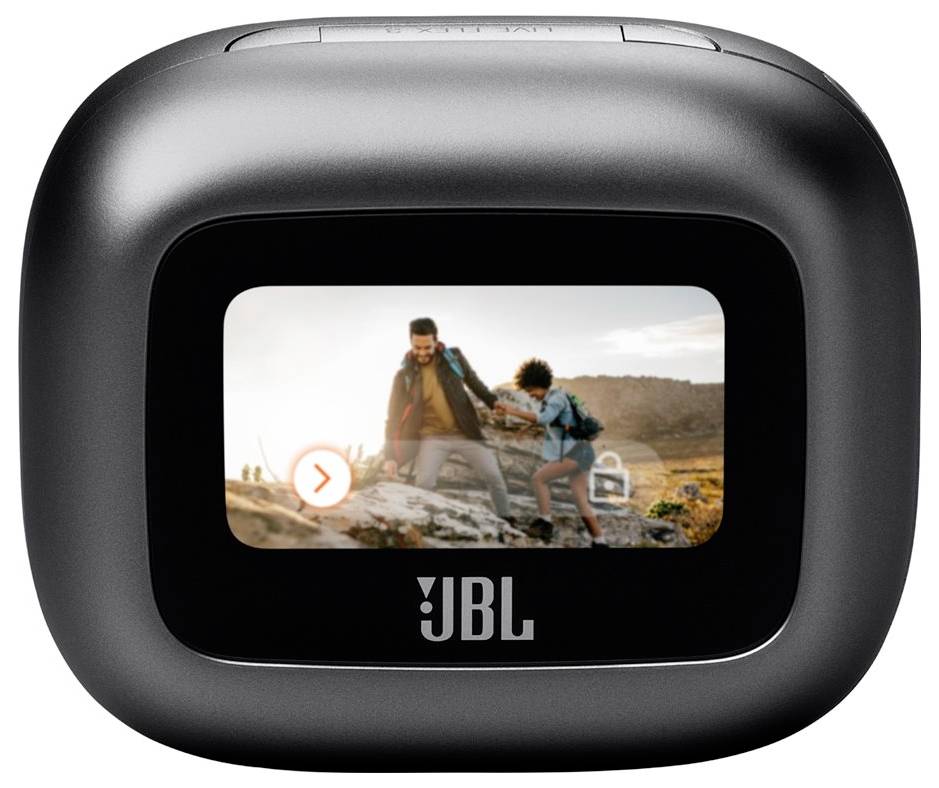 Un altoparlante Bluetooth compatto JBL che mostra un'immagine di una persona e un bambino che fanno escursionismo, sullo sfondo di un paesaggio roccioso e selvaggio.