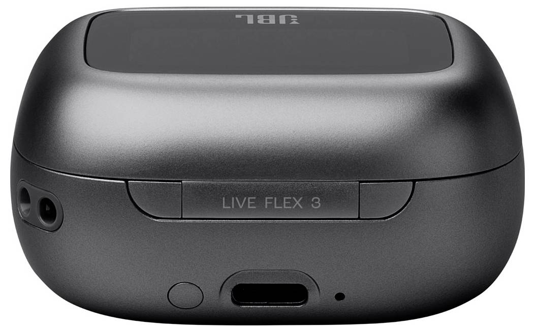 Un elegante custodia di ricarica grigio scuro per auricolari con 'LIVE FLEX 3' impresso sul davanti e una porta di ricarica sotto.