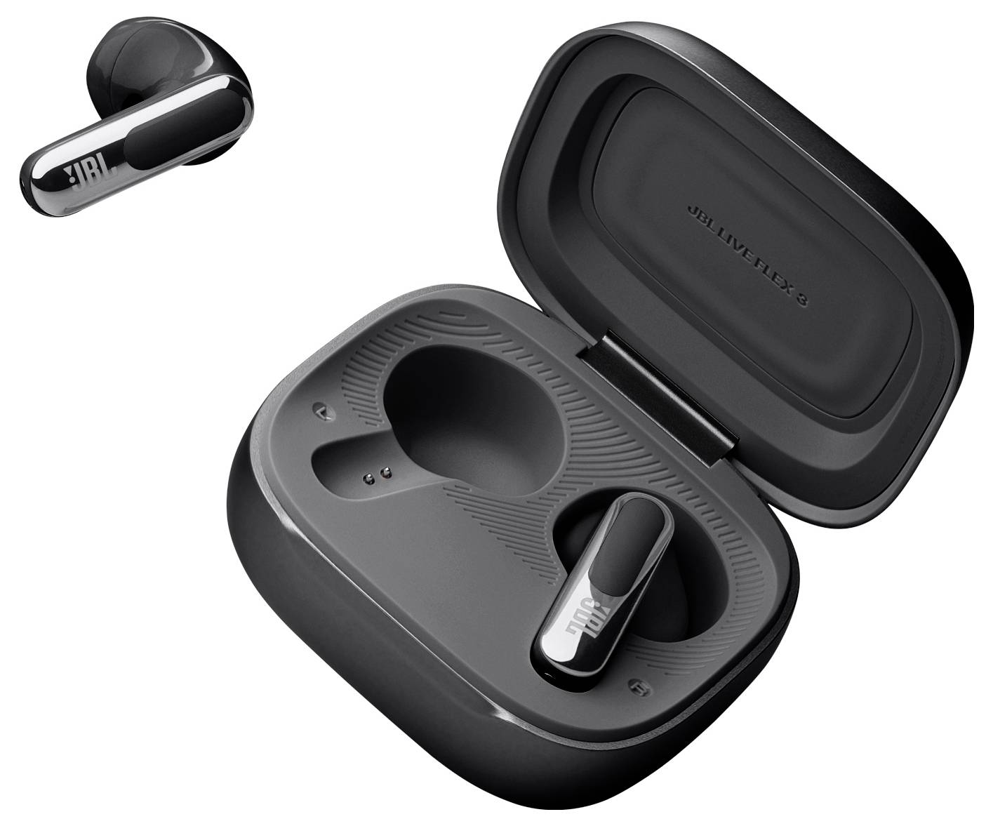 Auricolari wireless neri con custodia di ricarica; un auricolare è posizionato nella custodia, mentre l'altro è mostrato separatamente sopra.