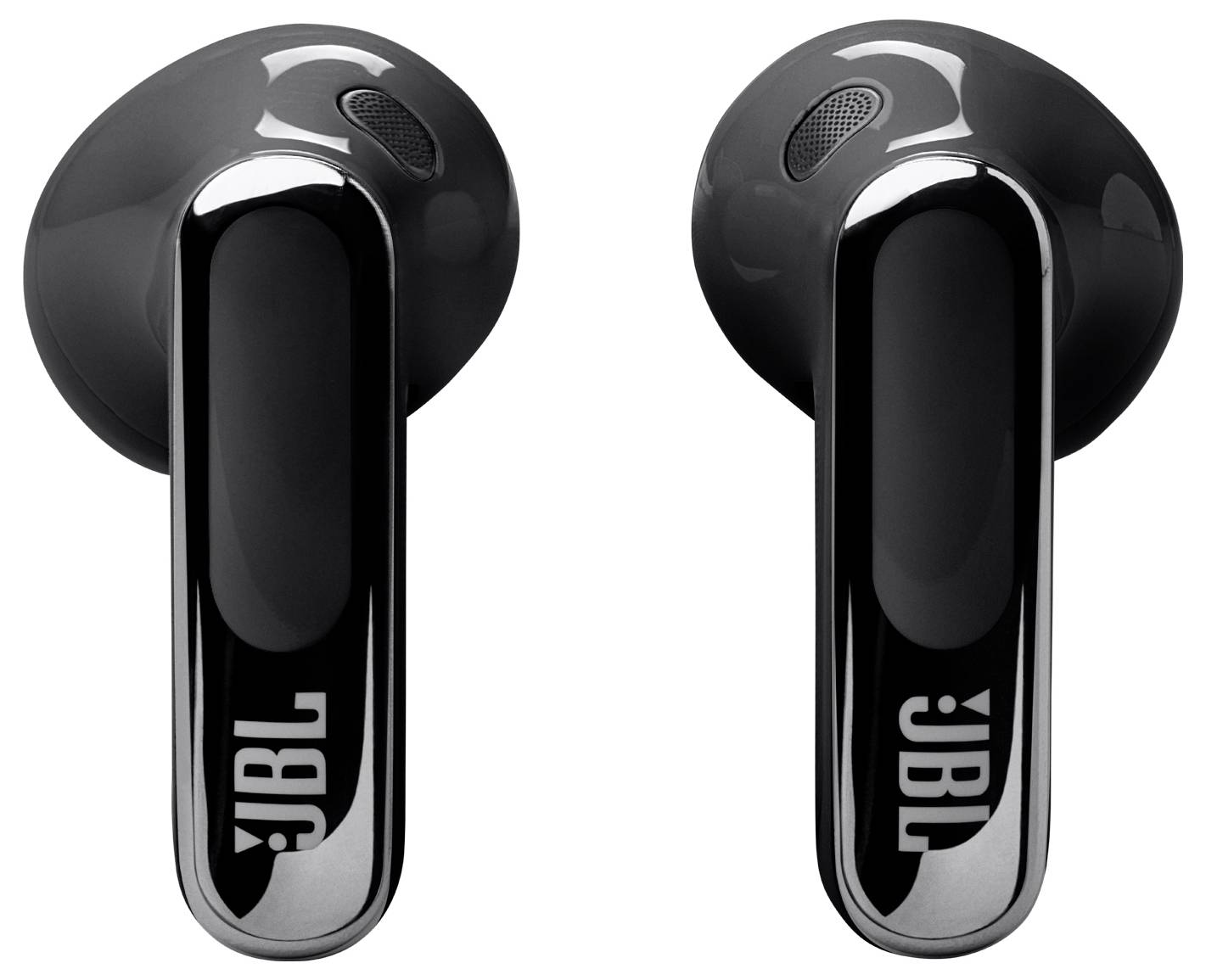 Due auricolari wireless JBL neri, eleganti e lucidi, con il logo JBL visibile su ogni stelo.