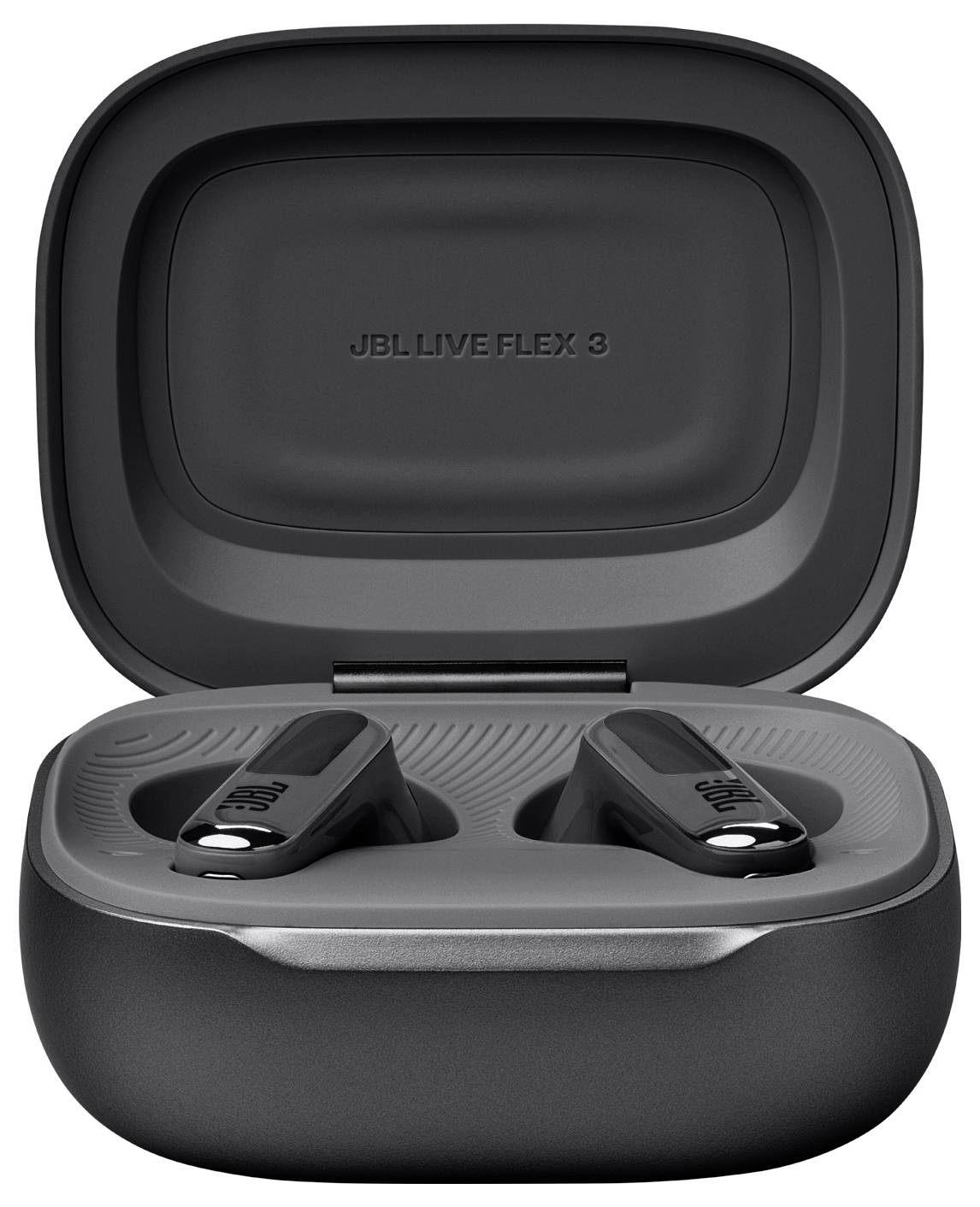 Auricolari wireless JBL Live Flex 3 in un custodia di ricarica nera, coperchio aperto, auricolari posizionati nei loro alloggiamenti.