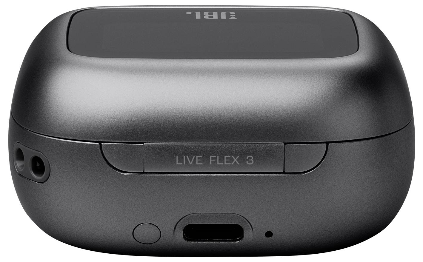L'immagine mostra una custodia di ricarica nera e compatta per auricolari wireless. Ha una porta di ricarica visibile e il testo 'Live Flex 3' sulla custodia.