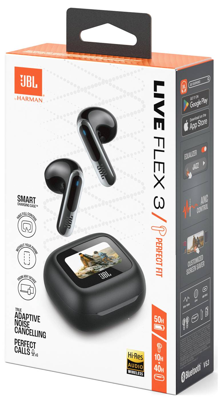 Scatola di auricolari JBL Live Flex 3 con custodia. Caratteristiche elencate: touch intelligente, cancellazione adattiva del rumore, batteria da 50 ore, Bluetooth, Audio Hi-Res.