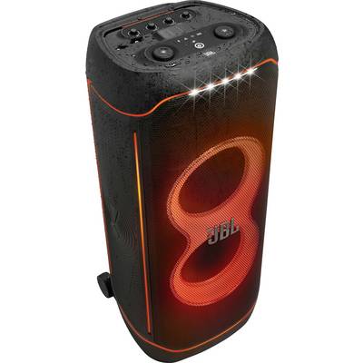 Un altoparlante portatile con goccioline d'acqua e luci LED arancioni, con pulsanti di controllo e il logo JBL, che indica la resistenza all'acqua.
