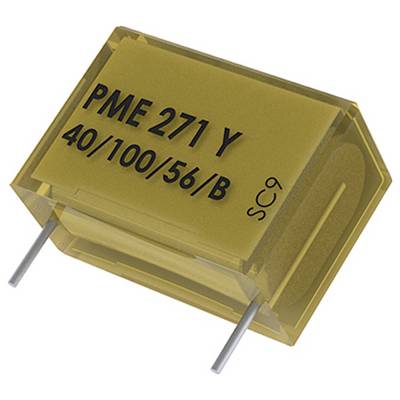 Un condensatore etichettato 'PME 271 Y 40/100/56/B' con due terminali metallici, racchiuso in un involucro di plastica gialla, utilizzato per immagazzinare energia elettrica.