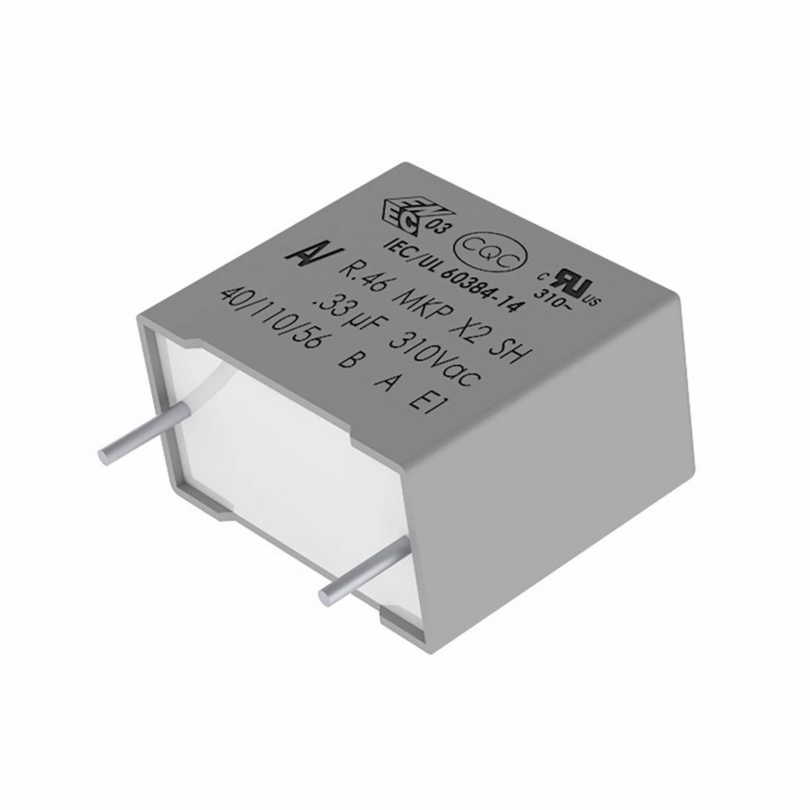 Un condensatore elettronico grigio con due terminali metallici e etichette che indicano specifiche: 0,33µF, 310VAC, R46 MKP X2, e certificazioni di sicurezza.