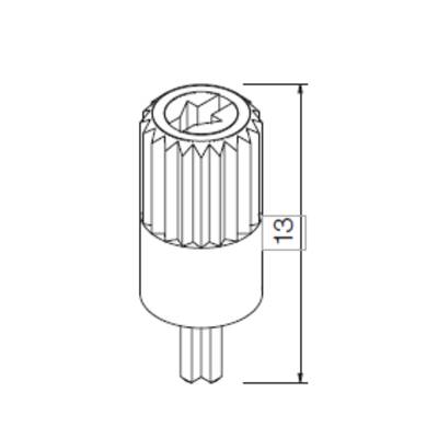 Disegno tecnico di un componente dentato che misura 13 unità in altezza, con una sezione cilindrica dentata superiore e una sezione inferiore scanalata.