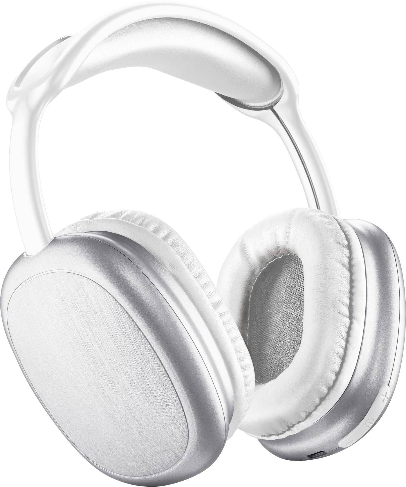 Cuffie over-ear argentate con cuscinetti auricolari imbottiti e archetto regolabile, poste su uno sfondo bianco uniforme.