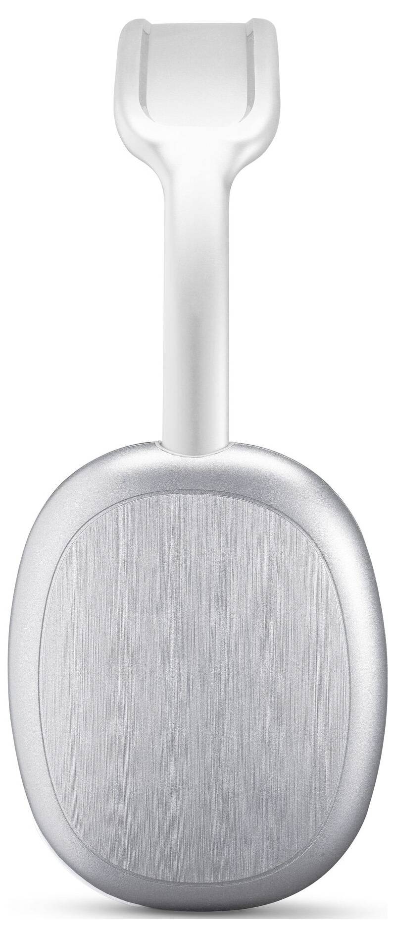 Cuffie over-ear argentate con un design elegante in metallo e tessuto, poggiate verticalmente.