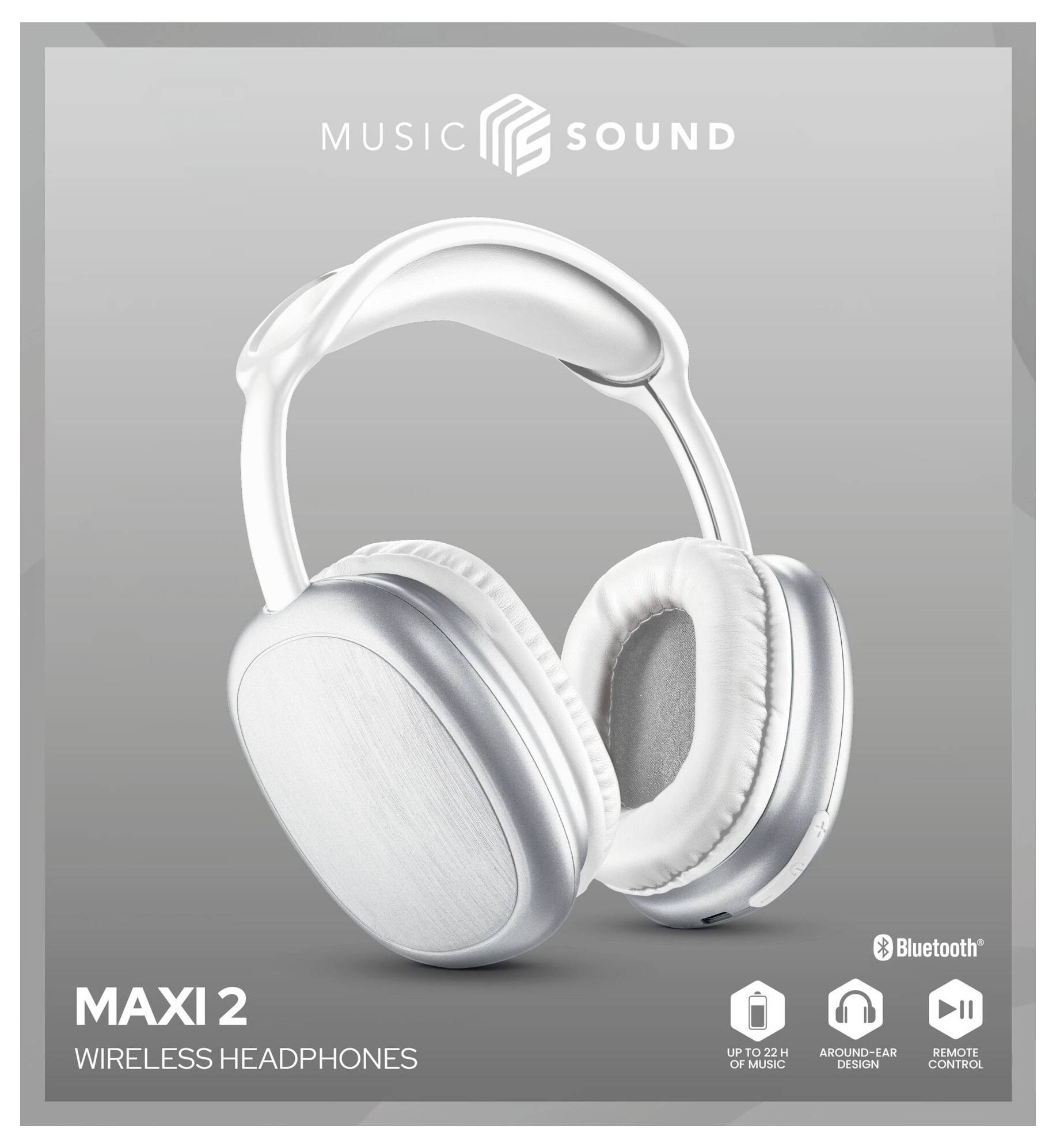 Cuffie wireless su una scatola del prodotto etichettata 'MAXI 2'. Le caratteristiche includono una riproduzione musicale di 32 ore, connettività Bluetooth e telecomando.