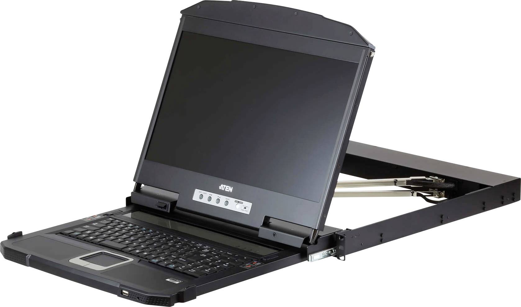 Un laptop nero da rack con schermo aperto e tastiera, progettato per essere utilizzato con rack per server.