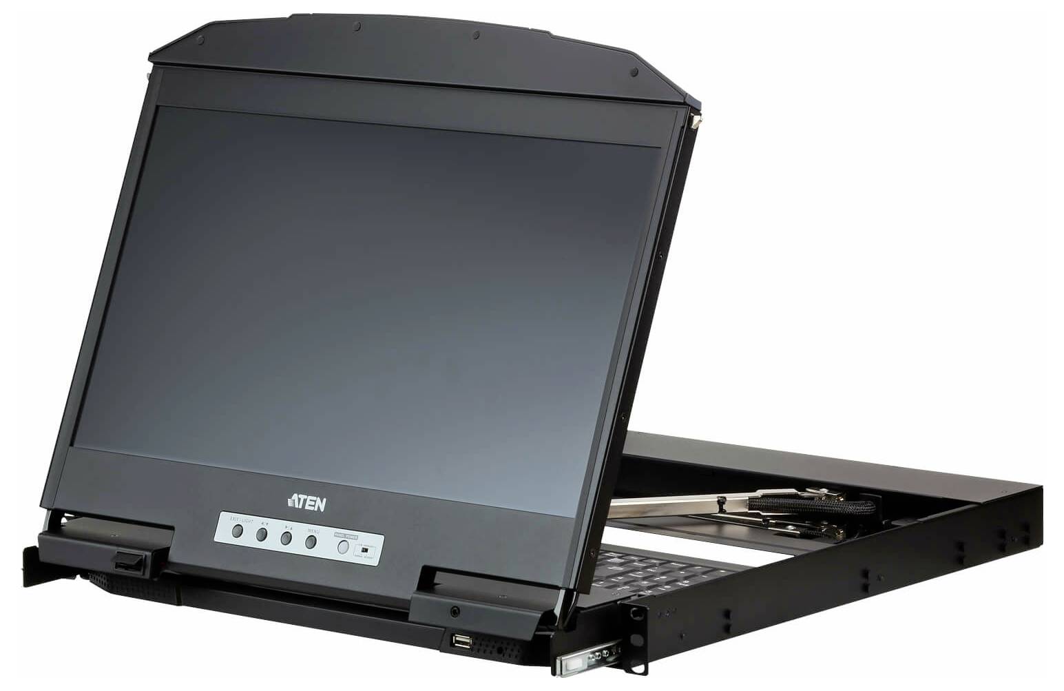 Switch KVM 'Aten' con schermo integrato, che mostra un monitor aperto con pulsanti di controllo, montato in un rack.