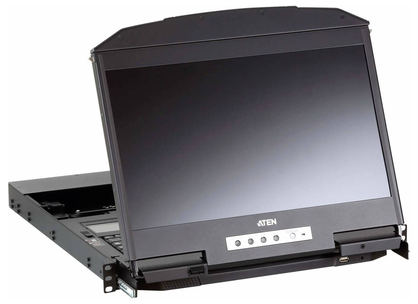 Un interruttore KVM ATEN nero con un monitor LCD ribaltabile, dotato di diversi pulsanti di controllo sotto lo schermo.