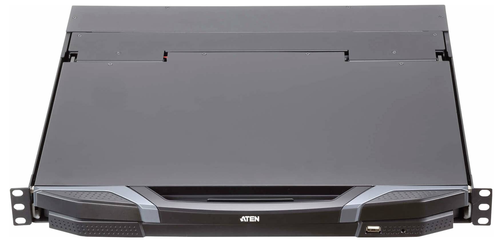 Console LCD rack slim ATEN con pannello chiuso, progettata per un utilizzo efficiente dello spazio in ambienti di gestione server.