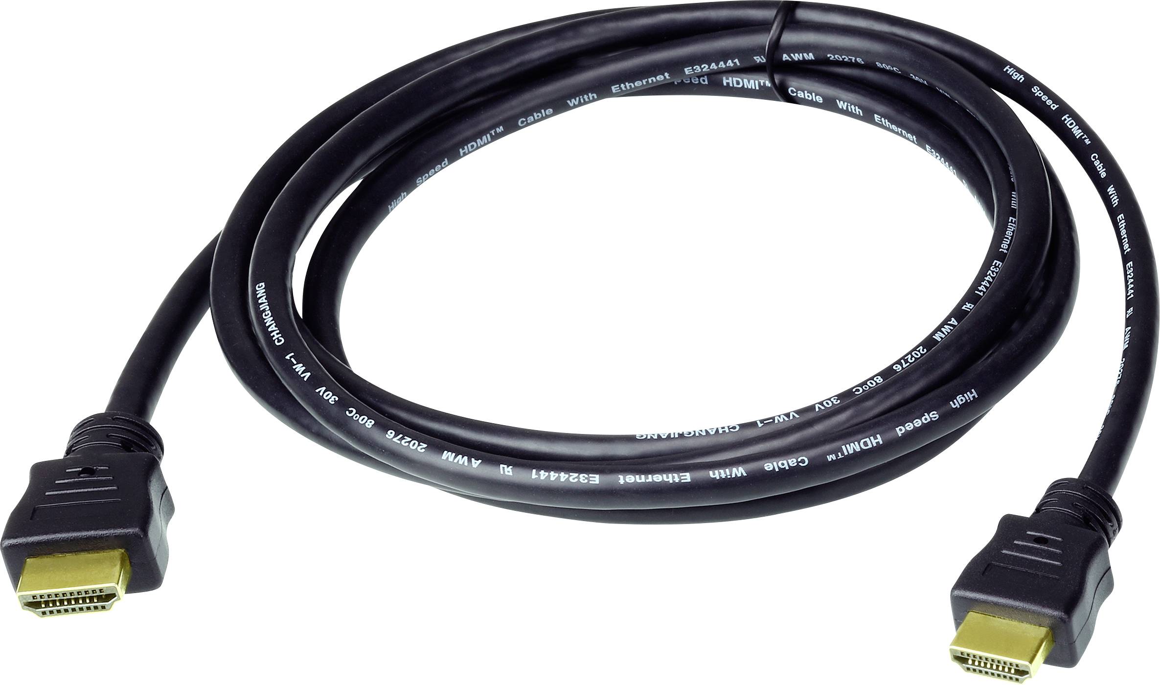 Un cavo HDMI nero con connettori placcati in oro è arrotolato in un anello, adatto a collegare dispositivi audio/video come TV e monitor.