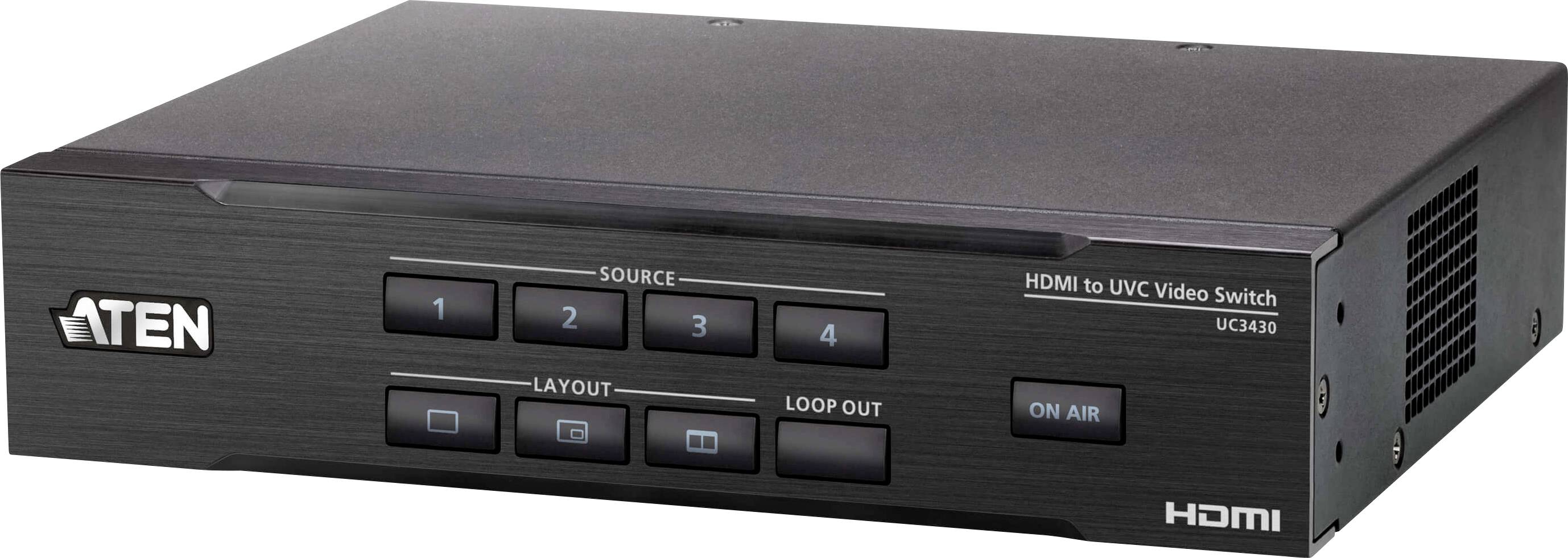 Un commutatore video HDMI a UVC nero con pulsanti per la selezione della sorgente, il layout e l'uscita ad anello. Il nome del marchio e il modello 'UC3410' sono visibili.