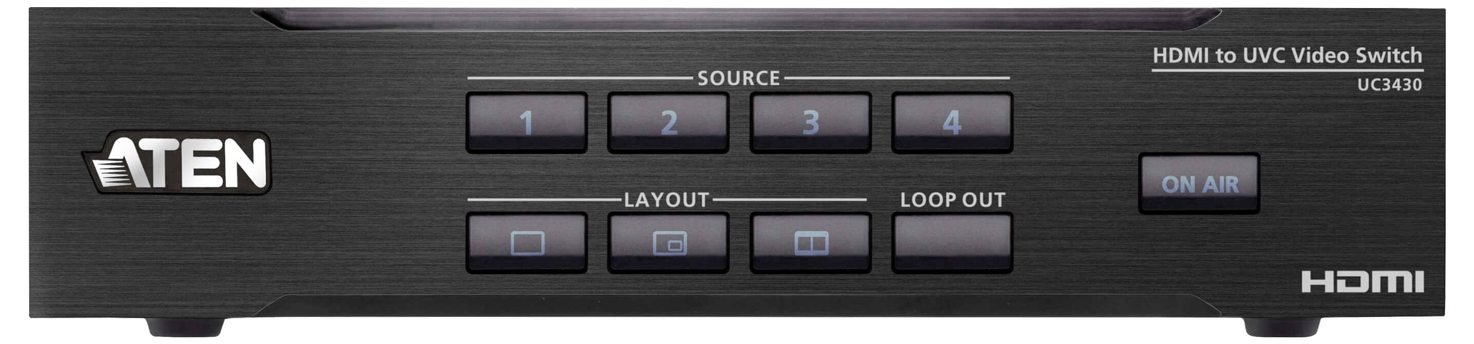 Vista frontale di un commutatore video Aten da HDMI a UVC con pulsanti etichettati 'Sorgente 1-4', 'Layout', 'Uscita Loop', e un indicatore 'In Onda'.